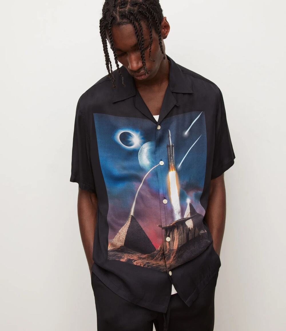 AllSaints Andromeda Space Rocket Graphic Short Sleeve Shirt Medium EUC